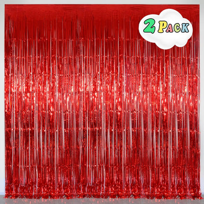 Melsan Red Tinsel Fringe Backdrop - 3.2 x 8 Ft Metallic Foil Curtains for Birthday & Photo Booth | 2 Packs