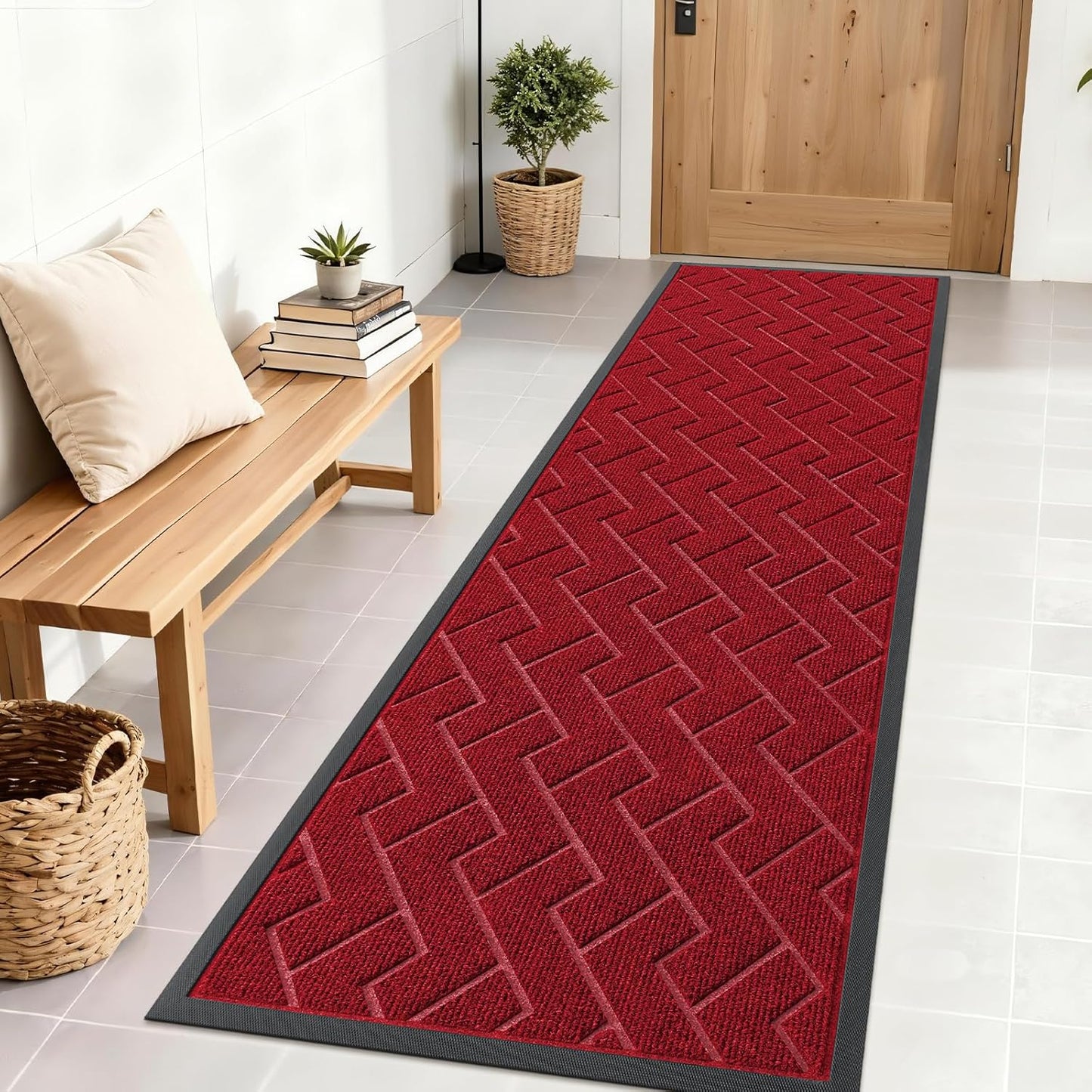OLANLY Waterproof All-Season Front Door Mat - Sturdy Natural Rubber, Easy Clean Herringbone Design (Wine Red, 71x23)