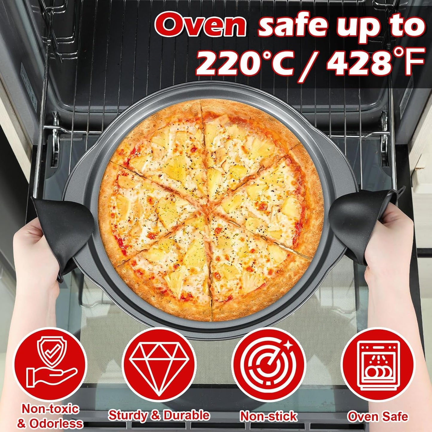 Skiennix 13" Round Pizza Pan - Non-Stick Carbon Steel with Holes & Handle | Easy to Clean & Oven Safe (2 Pack)