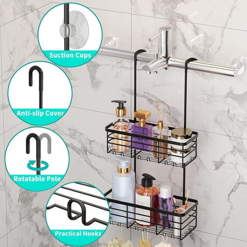 HapiRm Hanging Shower Caddy Organizer - Rustproof 304 Stainless Steel, No Drilling, Black Shelves