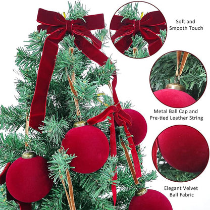 36 Pcs Burgundy Velvet Christmas Ornaments Set — 3.15in Balls & Velvet Ribbon Bows