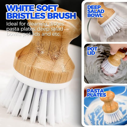 Holikme Dish Brush Set - 6 Pack with Long Handle, Bottle Brush & Palm Scrub for Easy Cleaning | White