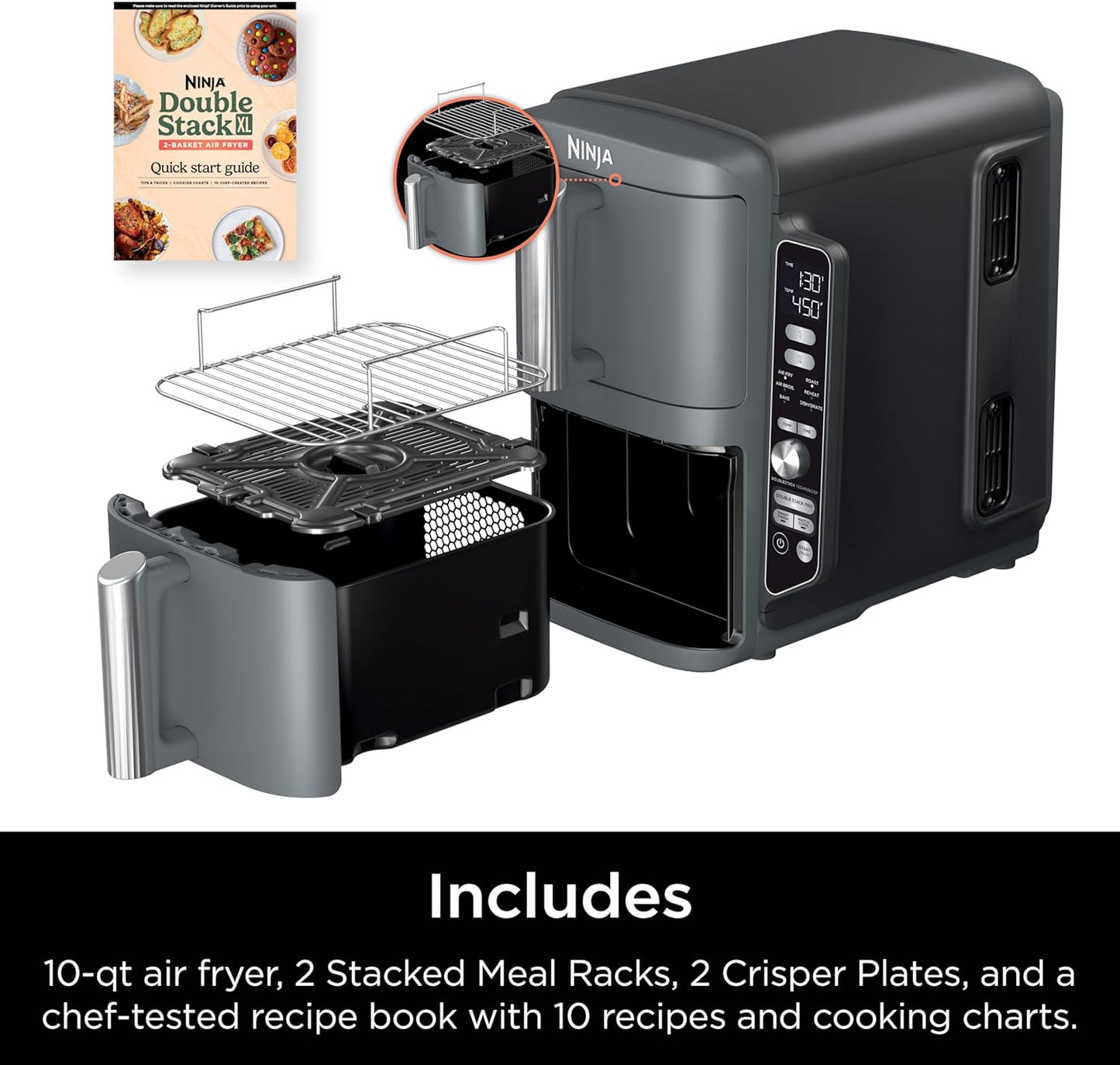 Ninja Air Fryer - 10QT Double Stack XL 2-Basket | Cooks Whole Chicken & Feeds 8 People - Grey SL401
