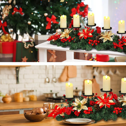 Sliner Christmas Tabletop Centerpiece - 30-Inch Poinsettia Candle Holder with 5 LED Flameless Candles & Pine Cones