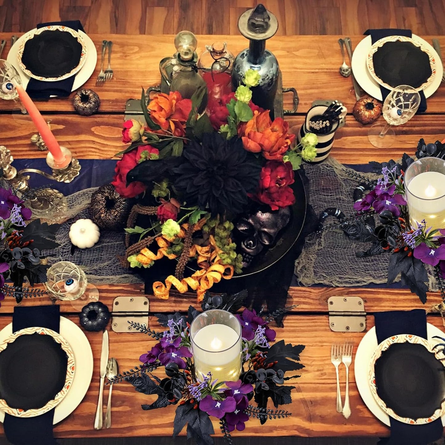 Purple Pansy Halloween Maple Leaf Candle Rings - Gothic Artificial Wreath for Table Centerpieces