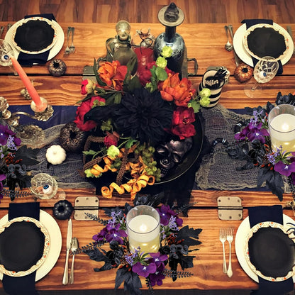 Purple Pansy Halloween Maple Leaf Candle Rings - Gothic Artificial Wreath for Table Centerpieces