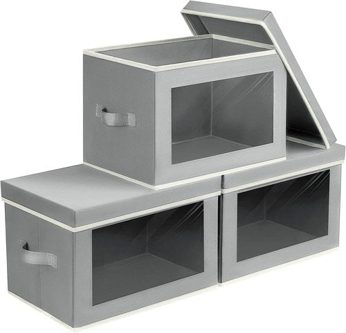 Homsorout Storage Bins - Foldable Fabric Baskets with Window & Handle | 3-Pack Grey Organizers