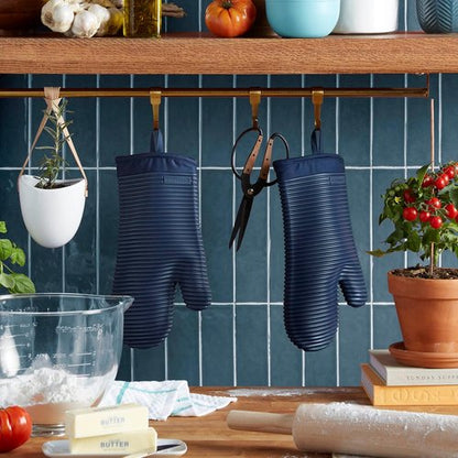 KitchenAid Ribbed Silicone Oven Mitts - 2-Pack Set, 7.5"x13", Stylish Ink Blue Color