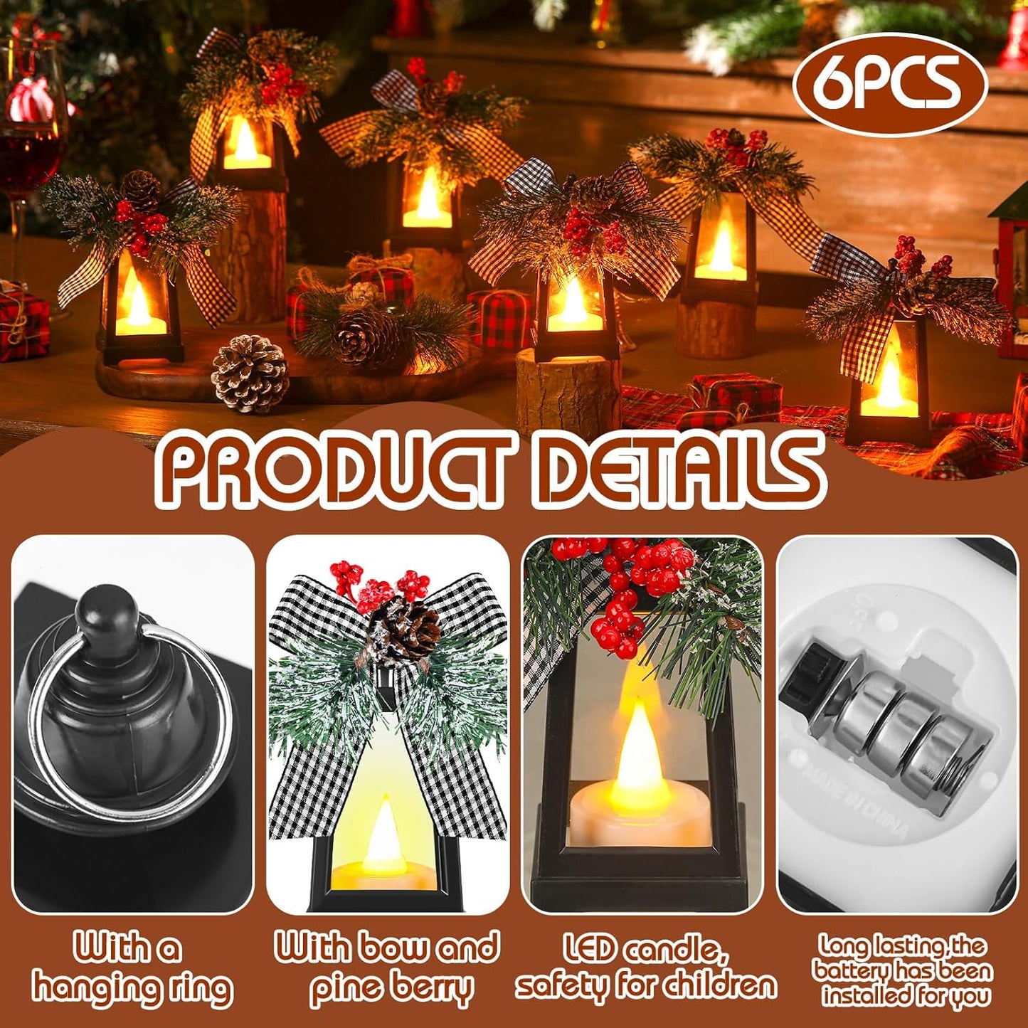 Regine Switzerland Set of 6 Christmas Mini Lanterns - Flickering LED Flameless Candle Decor | Black and White Bow