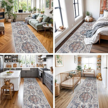 Hallway Washable Runner Rug - Vintage Soft Non-Slip Indoor Carpet for Kitchen & Entryway | 3x10, Brick