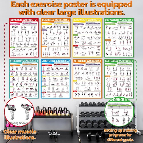 Gisgfim 8PCS Workout Posters | Full Body Exercise Charts for Home Gym - Laminated Dumbbell & Kettlebell Training Decor