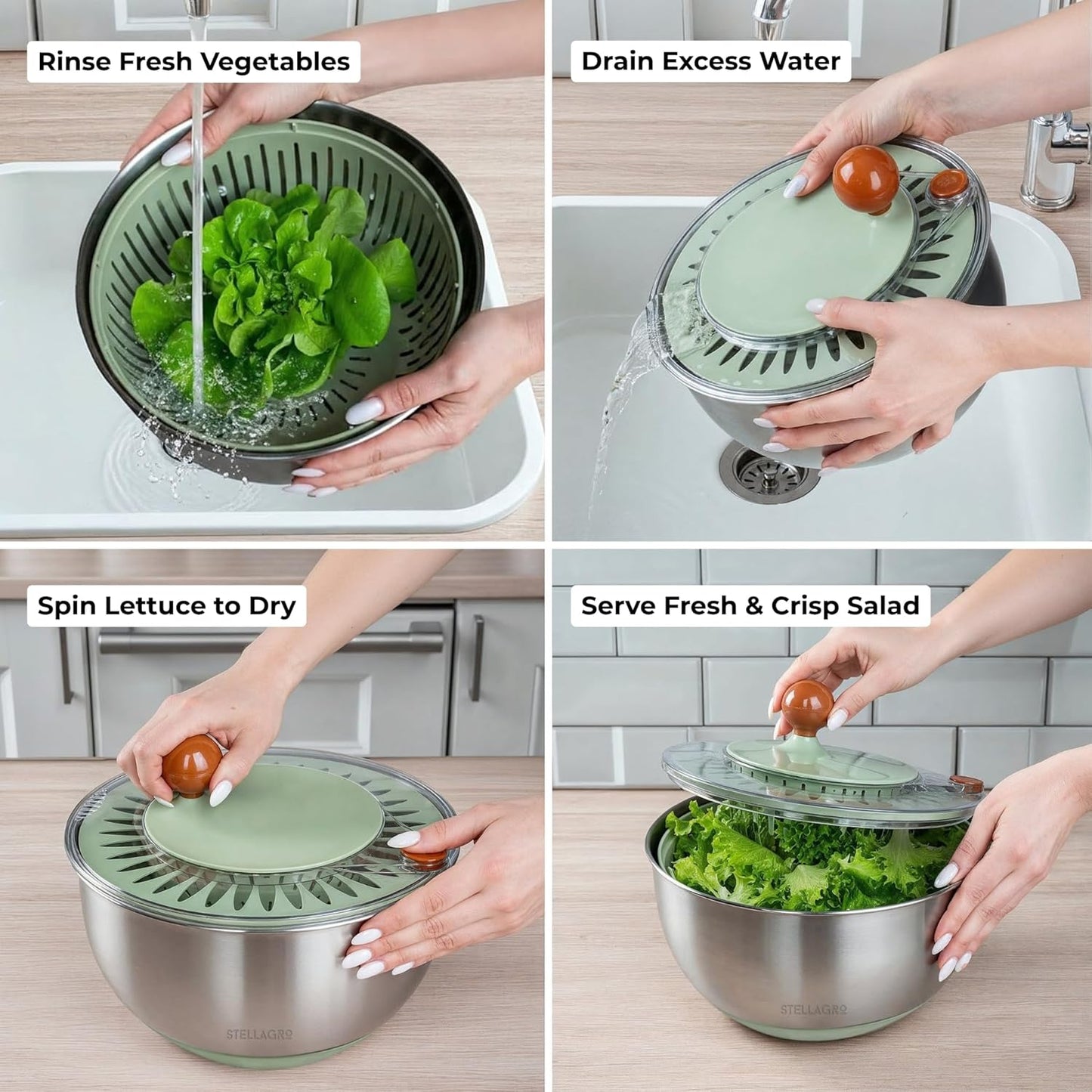 Stainless Steel Salad Spinner - Large 5.3 Quart Lettuce Dryer & Fruit Cleaner with Strainer
