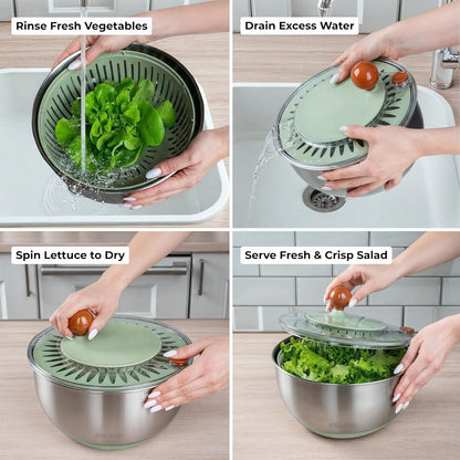 Stainless Steel Salad Spinner - Large 5.3 Quart Lettuce Dryer & Fruit Cleaner with Strainer