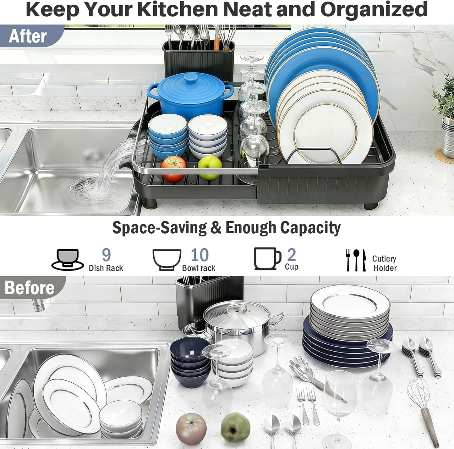 Skiennix Dish Drying Rack - Expandable Stainless Steel Drainer with Utensil Holder | Black