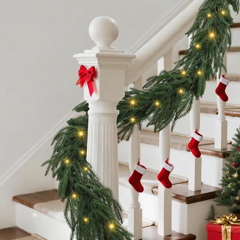 6ft Norfolk Pine Garlands with Light - Pre-Lit Dense Real Touch Indoor/Outdoor Christmas Garland - Variation: 1+6ft