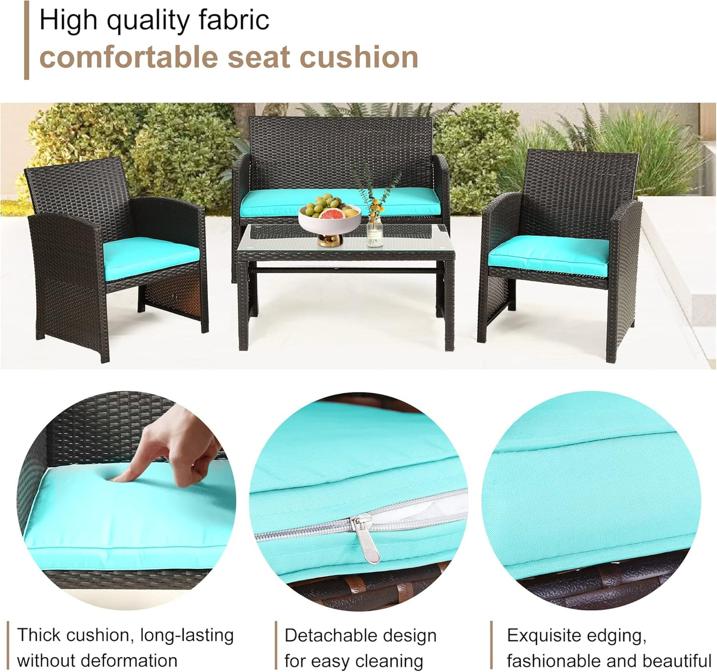 Skiennix Outdoor Furniture Set - 4-Piece Wicker Rattan Patio Conversation Set for Garden | Brown & Blue
