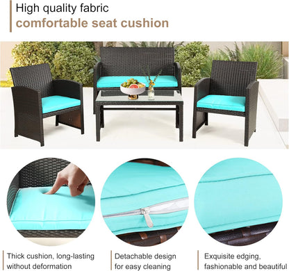 Skiennix Outdoor Furniture Set - 4-Piece Wicker Rattan Patio Conversation Set for Garden | Brown & Blue