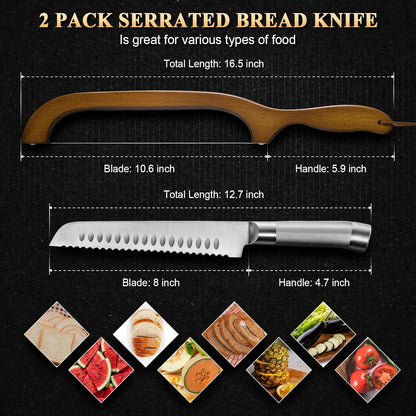 Skiennix Sourdough Bread Knife - Ergonomic Serrated Cutter for Easy Slicing | 2-Pack Set
