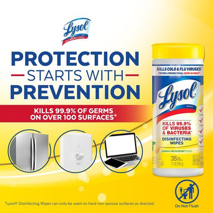 Lysol Disinfectant Wipes, Multi-Surface Antibacterial Cleaning Wipes, Dorm Room Essentials For Disinfecting and Cleaning, Lemon and Lime Blossom, 35 Count (Pack of 3)