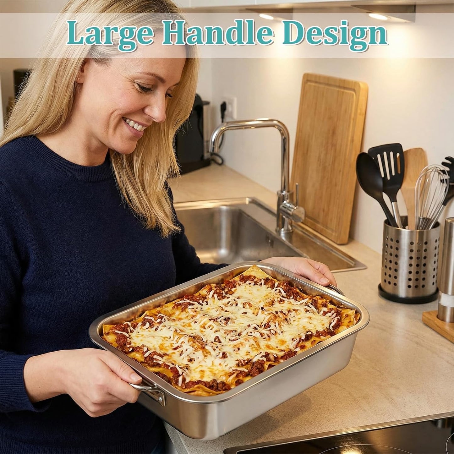 Skiennix 4 Inch Extra Deep Lasagna Pan - Stainless Steel Baking Dish with Lid & Handles | 14x10.6 Inch