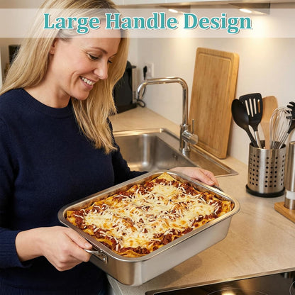 Skiennix 4 Inch Extra Deep Lasagna Pan - Stainless Steel Baking Dish with Lid & Handles | 14x10.6 Inch