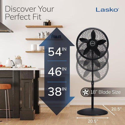 Lasko Oscillating Pedestal Fan - Adjustable Height, 3 Cooling Speeds, 18" - Portable Black Design