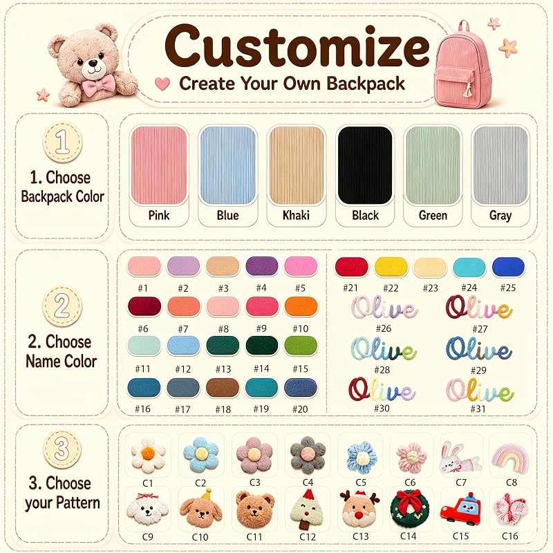 Personalized Kids Backpack with Name Embroidery, Corduroy School Bag for Girls & Boys