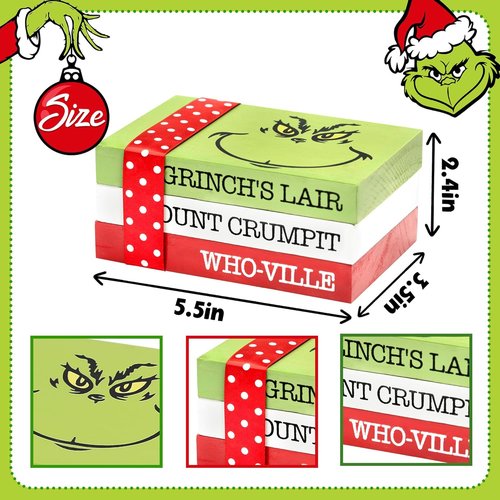 Grinch Christmas Decor - Wood Book Stack for Farmhouse Tiered Tray | Festive Home Table Accent