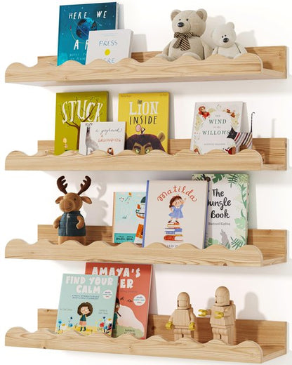 Seocry Kids' Bookshelf Set of 4 - Wood Floating Nursery Book Shelves, Picture Ledge Shelf for Wall Decor and Storage - Perfect for Books, Toys, Photo Frames, and Nursery Décor