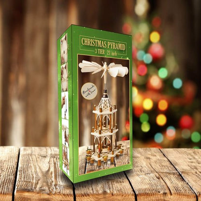 German Christmas Decoration Pyramid - 21-Inch Wood Nativity Scene Set - 3-Tier Carousel with Candle Holders