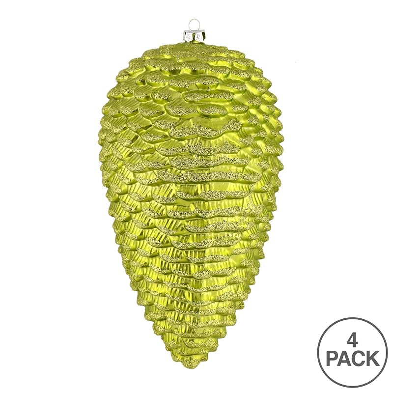 Lime Matte Glitter Pinecone Christmas Ornament – 7", Pack of 4, Shatterproof Plastic