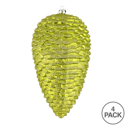Lime Matte Glitter Pinecone Christmas Ornament – 7", Pack of 4, Shatterproof Plastic