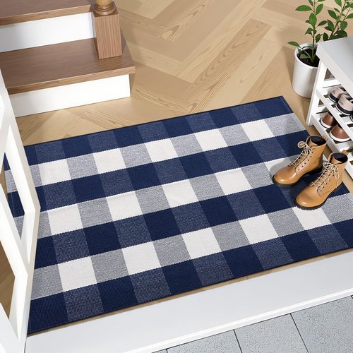 OLANLY Buffalo Plaid Rug 2'4" x 3'7" (27.5" x 43") – Navy and White Cotton Checkered Doormat, Washable Indoor Outdoor Rug for Layered Front Porch, Kitchen, Entryway Decor