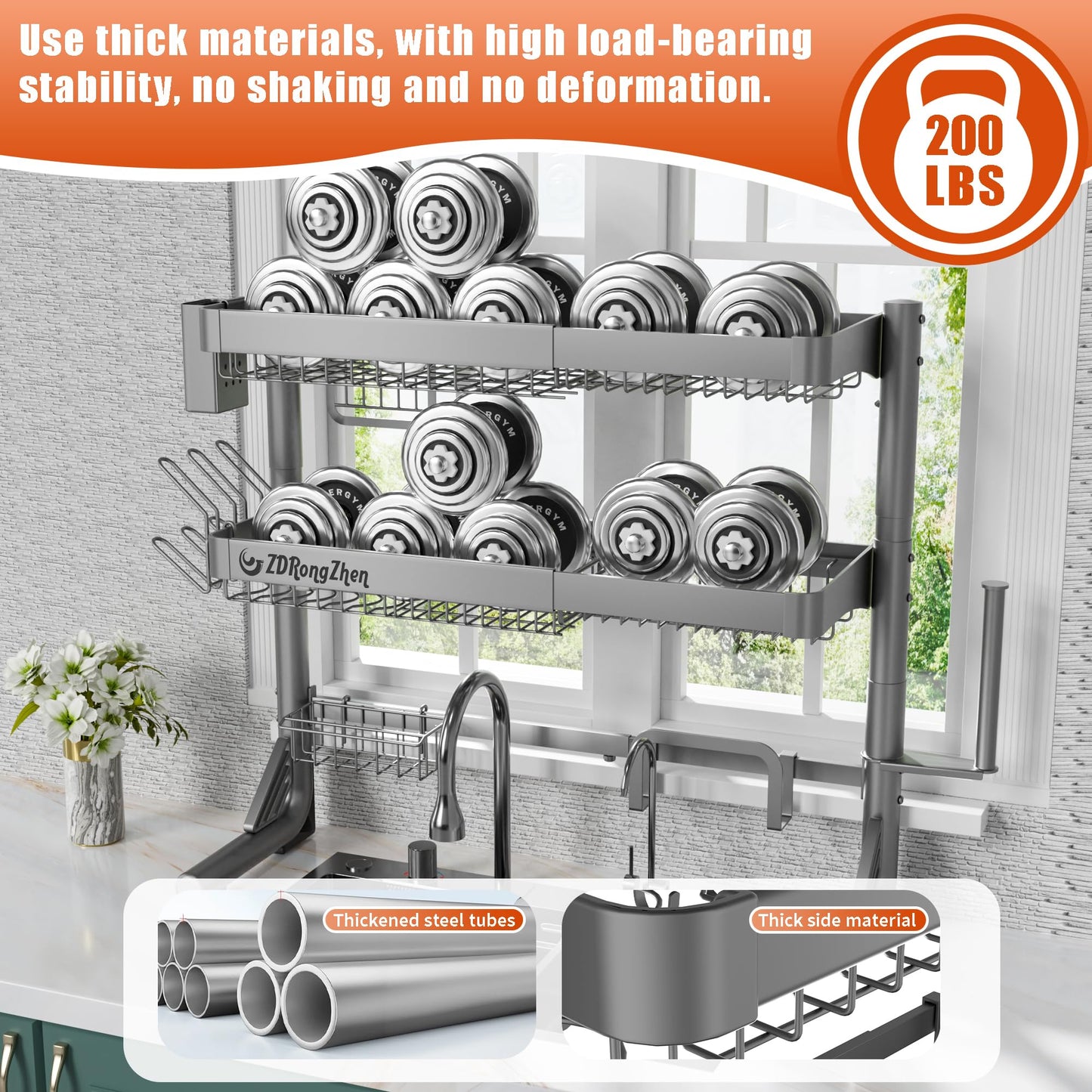 ZDRongZhen Over The Sink Dish Drying Rack,3 tier Full 304 Stainless Steel dish Drainer rack,Adjustable Length (22.8''~35.04'') Kitchen Storage Counter with Cup Hanging Set and Hook (Dark grey-3Tier)