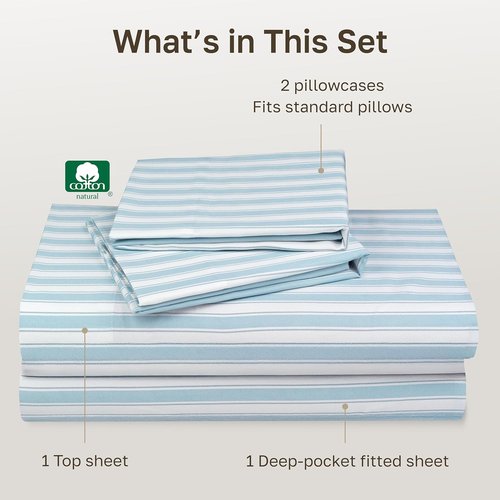 California Design Den 100% Cotton Full Size Sheet Set - Award-Winning 400 TC, Smooth Sateen Finish, Deep Pockets - Cape Stripe Blue