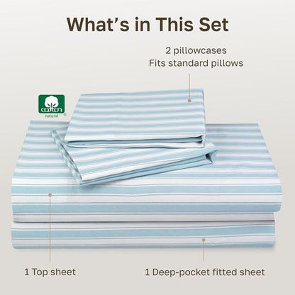 California Design Den 100% Cotton Full Size Sheet Set - Award-Winning 400 TC, Smooth Sateen Finish, Deep Pockets - Cape Stripe Blue
