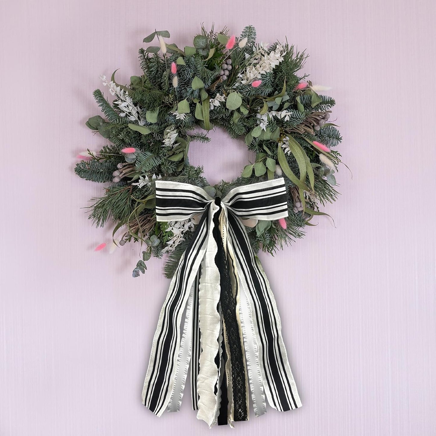 Skiennix Large White & Black Stripe Bow - Burlap Fabric Ribbon Set for Wreath Decor