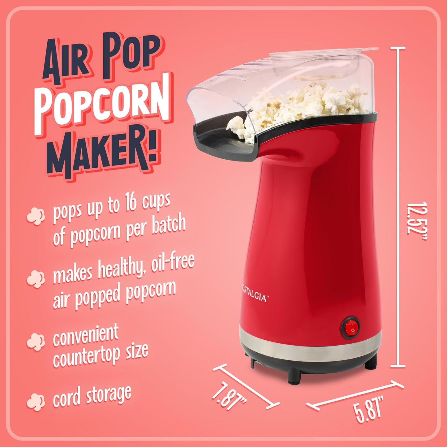 Nostalgia Air Popper Popcorn Maker - 16 Cups Oil-Free Popcorn - Includes 4-Oz Measuring Cup - Red