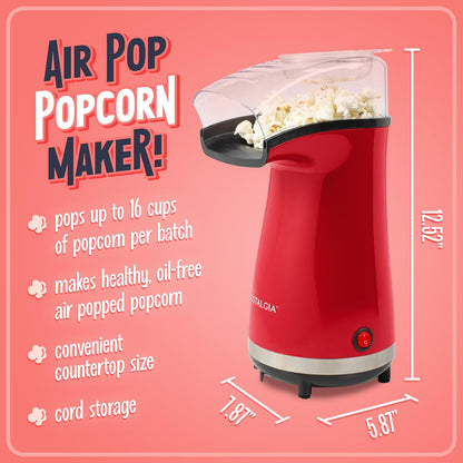 Nostalgia Air Popper Popcorn Maker - 16 Cups Oil-Free Popcorn - Includes 4-Oz Measuring Cup - Red