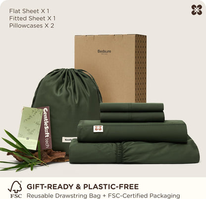 Bedsure Bamboo Viscose Queen Sheet Set - Cooling Luxury Bedsheets for Hot Sleepers | Silky Soft & Oeko-Tex Certified | 18" Deep Pocket [Olive Green]