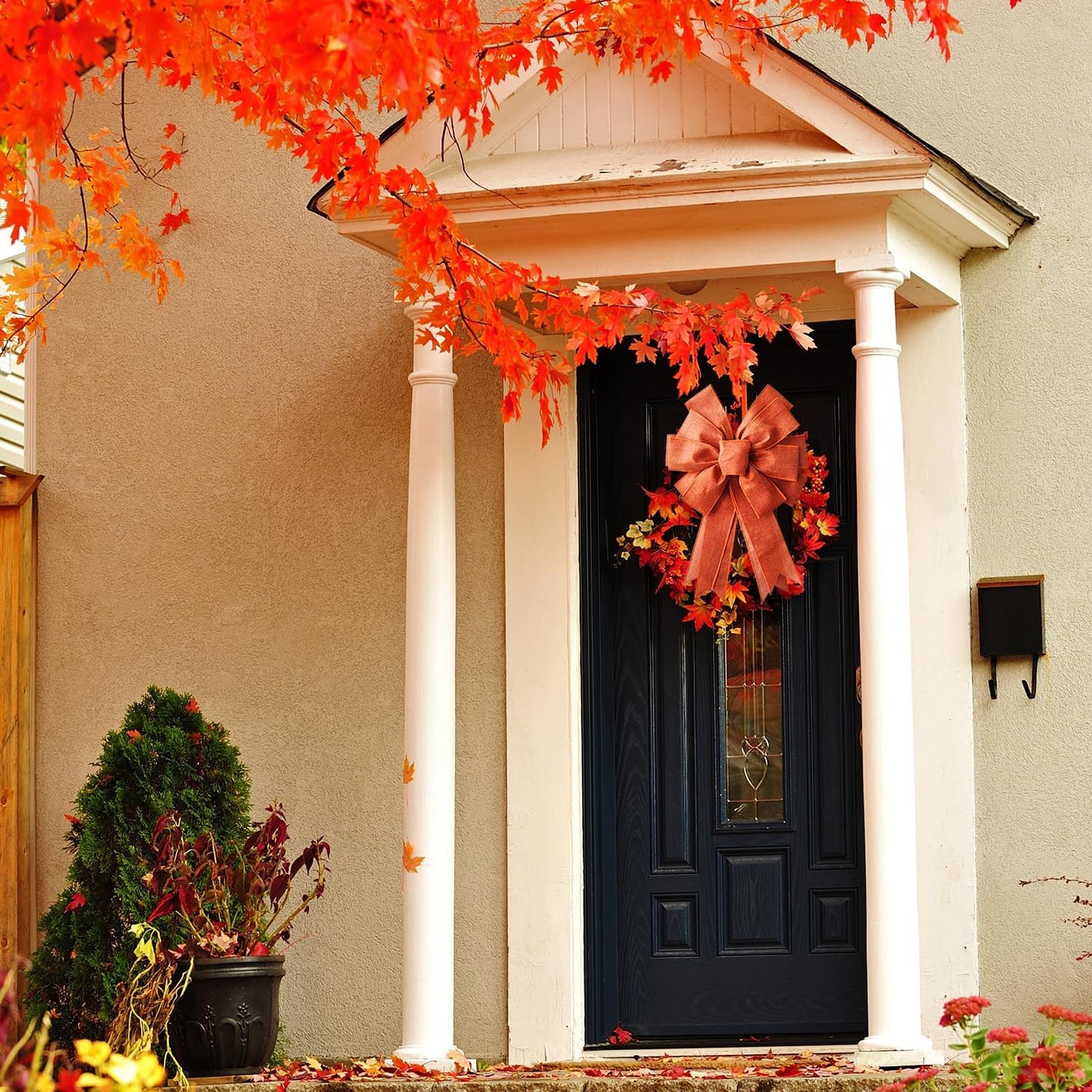 Skiennix Large Fall Bow Wreath | Thanksgiving Decor with Buffalo Bows - Orange Holiday Decoration