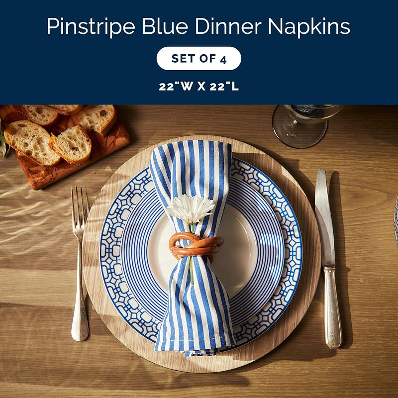 Pinstripe Blue Dinner Napkins Set of 4 - 22" x 22" Cotton Cloth Napkins (Variation: Pinstripe Blue+22" x 22" Set of 4)