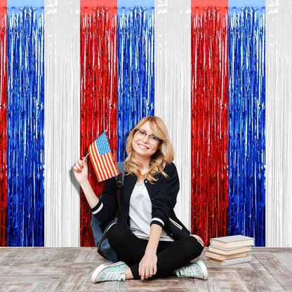Regine Switzerland Foil Fringe Curtain Backdrop - 4 Pack Red, Blue & White Tinsel Streamers | 3.2Ft x 9.8Ft for Parties & Events
