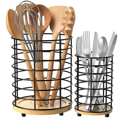 HBlife Utensil Holder for Kitchen Counter Set of 2 (7.4" & 5.8") Matte Black with Wooden Base, Cooking Utensil Organizer for Spatula, Kitchen Decor