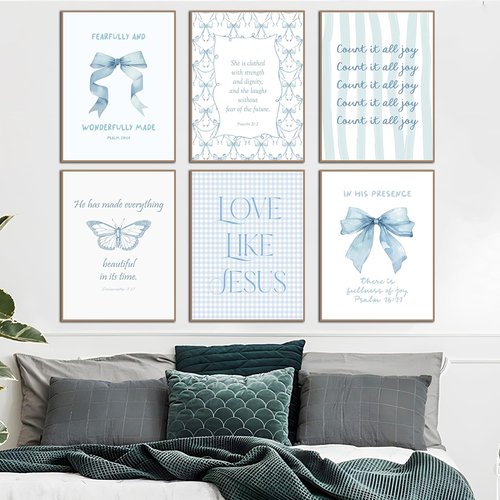Coquette Blue Bow Wall Art Decor - Inspirational Bible Verses for Teen Girls | Light Blue 8x10 Unframed