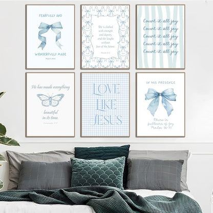 Coquette Blue Bow Wall Art Decor - Inspirational Bible Verses for Teen Girls | Light Blue 8x10 Unframed