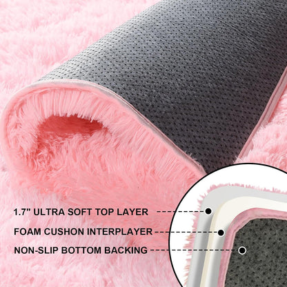 Skiennix Pink Area Rug - Fluffy 2x3 Soft Shag Carpet with Non-Slip Strips for Kids' Rooms