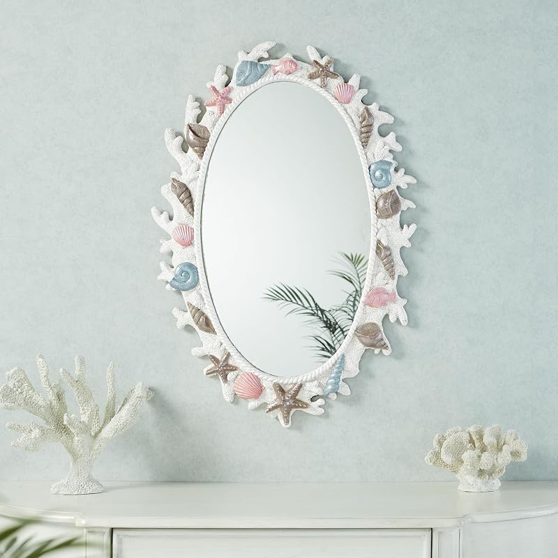 Shimmering Ocean Coral Reef Wall Mirror, 19x28 in Oval Coastal Decor