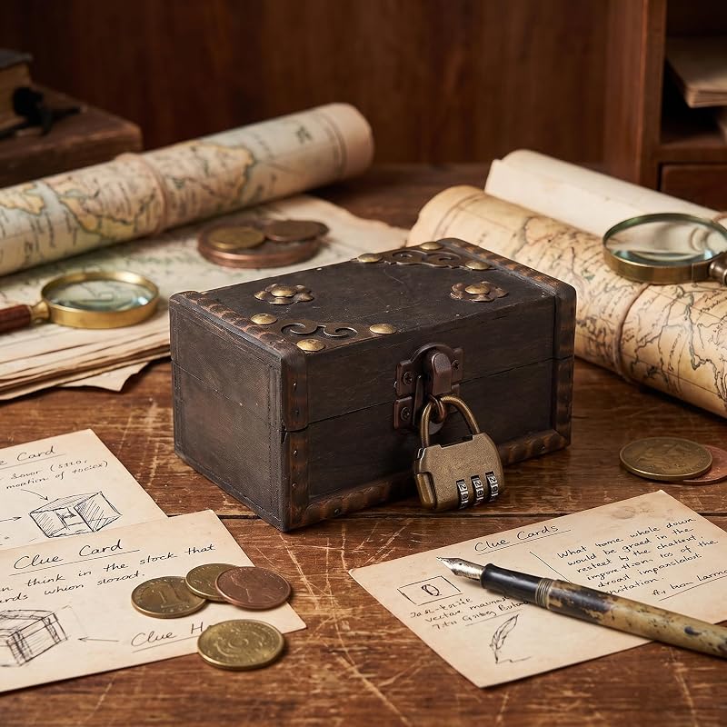 Vintage Wooden Jewelry Box for Escape Room Props & Evidence