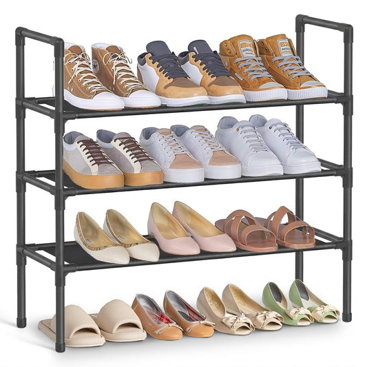 SONGMICS 3-Tier Shoe Rack, Shoe Storage for Hallway Closet, Slim and Space-Saving, Metal Frame, Non-Woven Fabric Shelves, Black ULSH043BH01